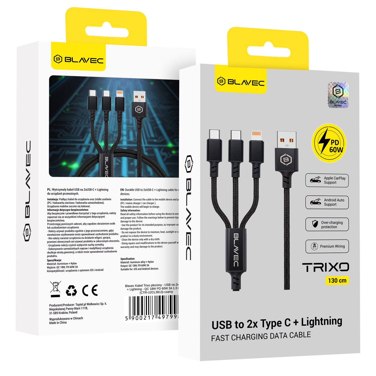 Blavec Cable Trixo braided - USB to 2xType C + Lightning - QC 18W PD60W 3A 1,3 metres (CTR-U2CL3B13) black