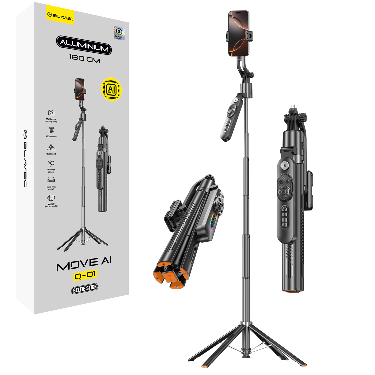 Blavec Selfie Stick Aluminium Move AI trcker Q-01 Auto pop tripod + remote control 1,80 metres with face tracking (SSAQ01-APTRB180) black