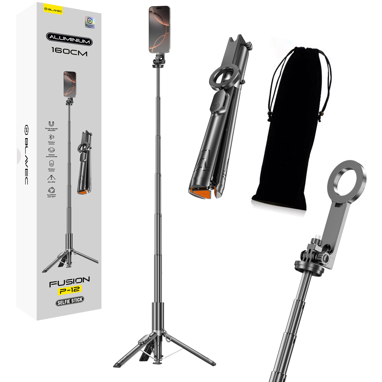 Blavec Selfie Stick Aluminium Fusion P-12 Magsafe Auto pop tripod + remote control 1,60 metres (SSFP12-MTRAPB160) black