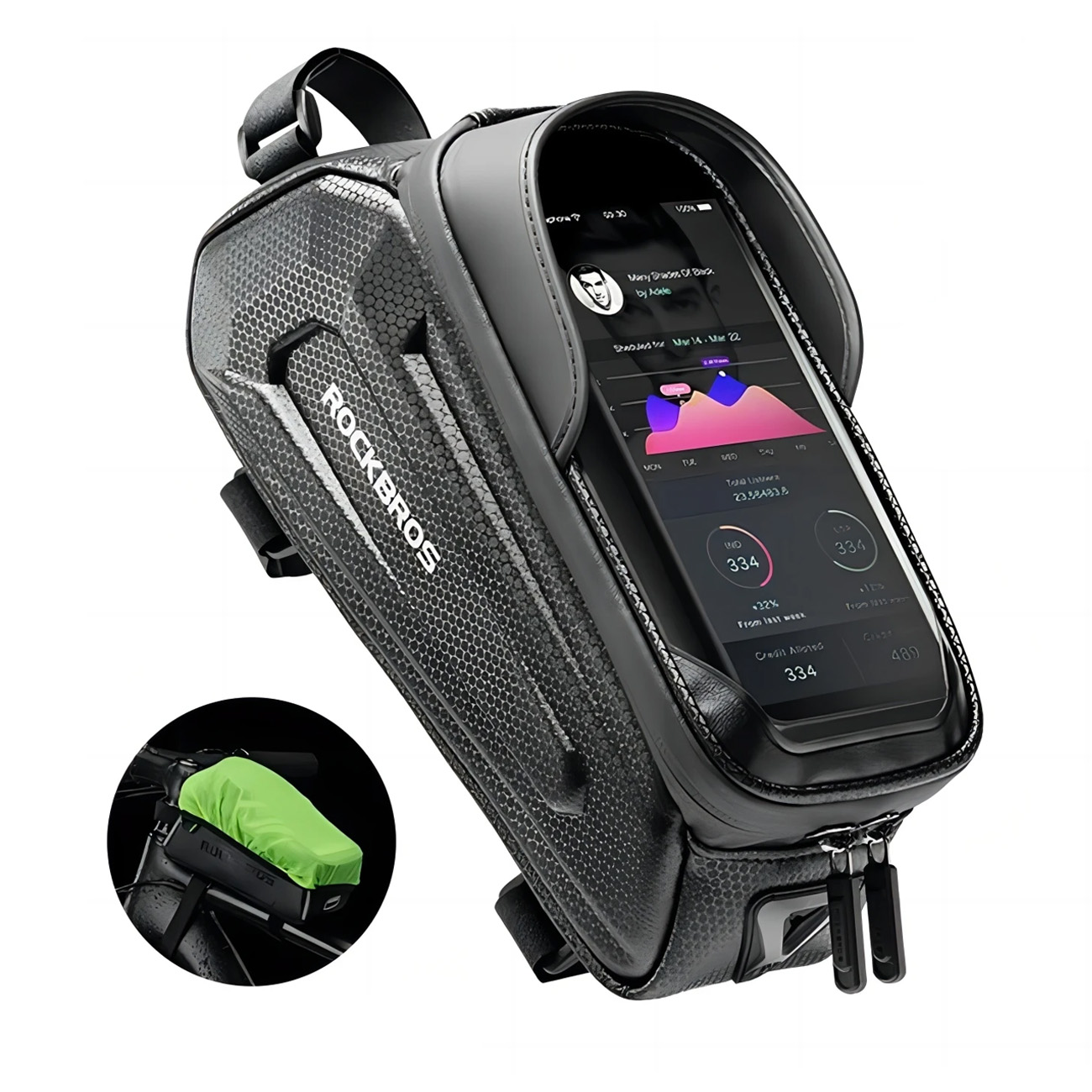 Rockbros B68 tugevdatud jalgratta raamikott telefoni tasku ja kattega, 1.7L - must