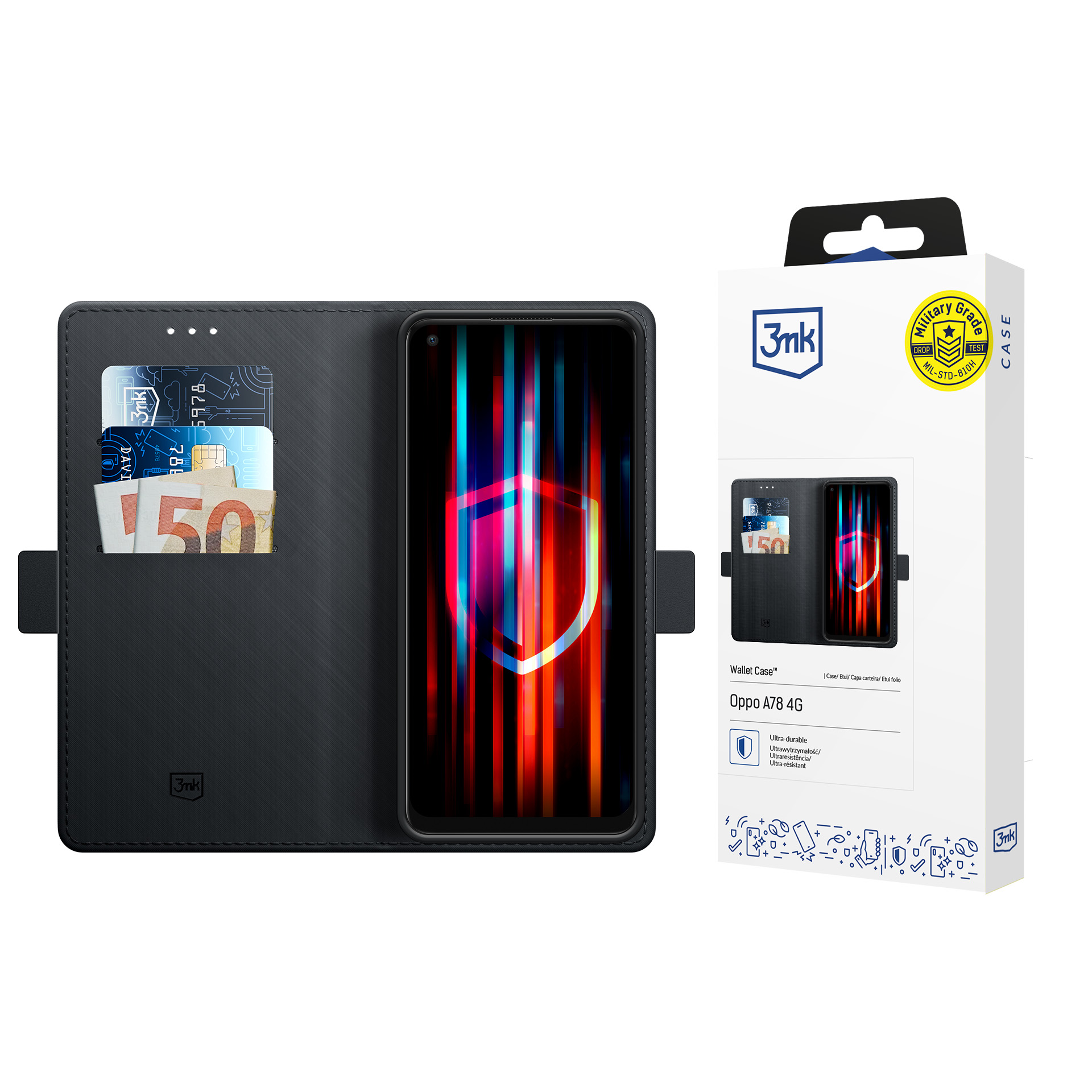 3mk Wallet Case rahakotitüüpi ümbris Oppo A78 4G - must