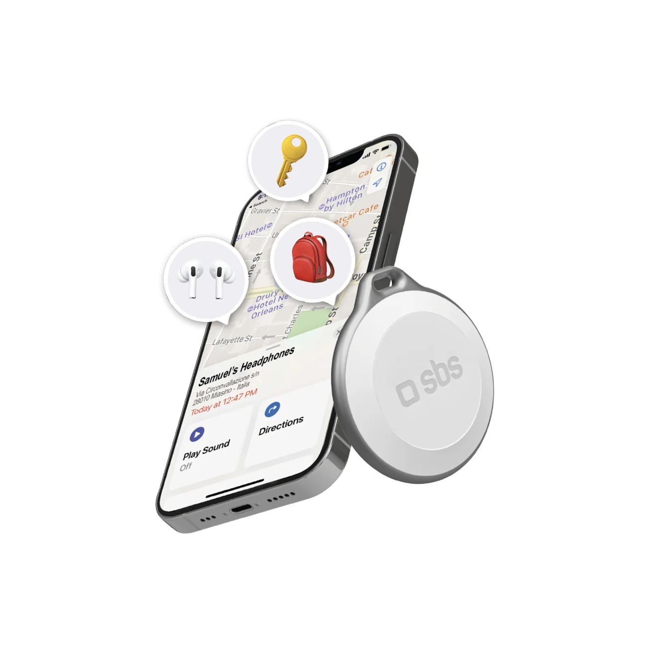 SBS Track My Circle veekindel IP65 lokaator, ühildub Apple Find My rakendusega - valge