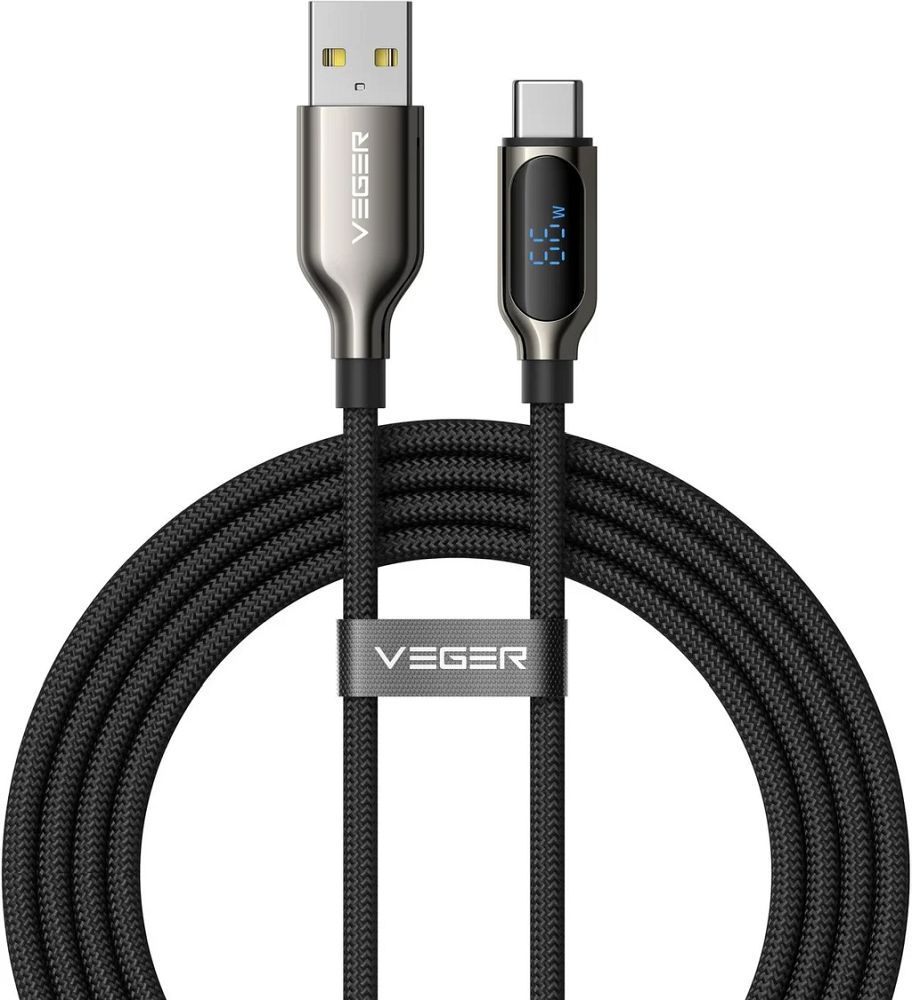 USB A – Type C kaabel LED-ekraaniga, VEGER PD 3A 66W AC1-XHJ, 1,2 m, must