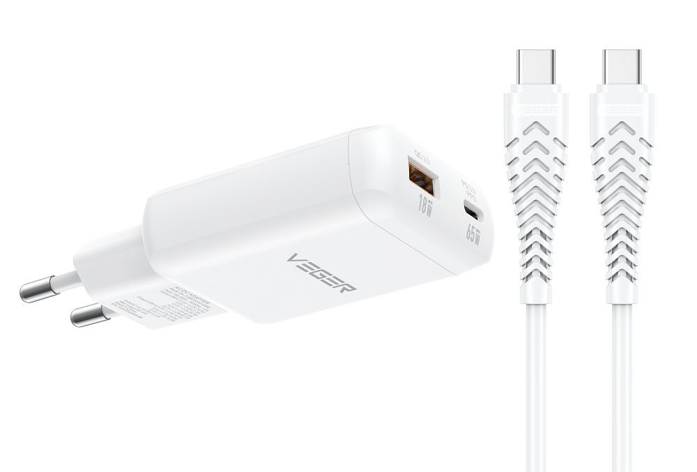 USB-A ja Type-C liidesega telefonilaadija (PD 65 W) + andmesidekaabel Type-C–C (100 W) VEGER TR122, valge