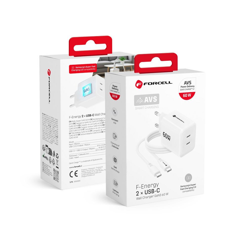 Telefonilaadija Forcell F-Energy GaN III Crystal Color, 2x USB C, AVS, SSFC3.0, 60W + silikoonkaabel USB C–USB C VT-60, valge