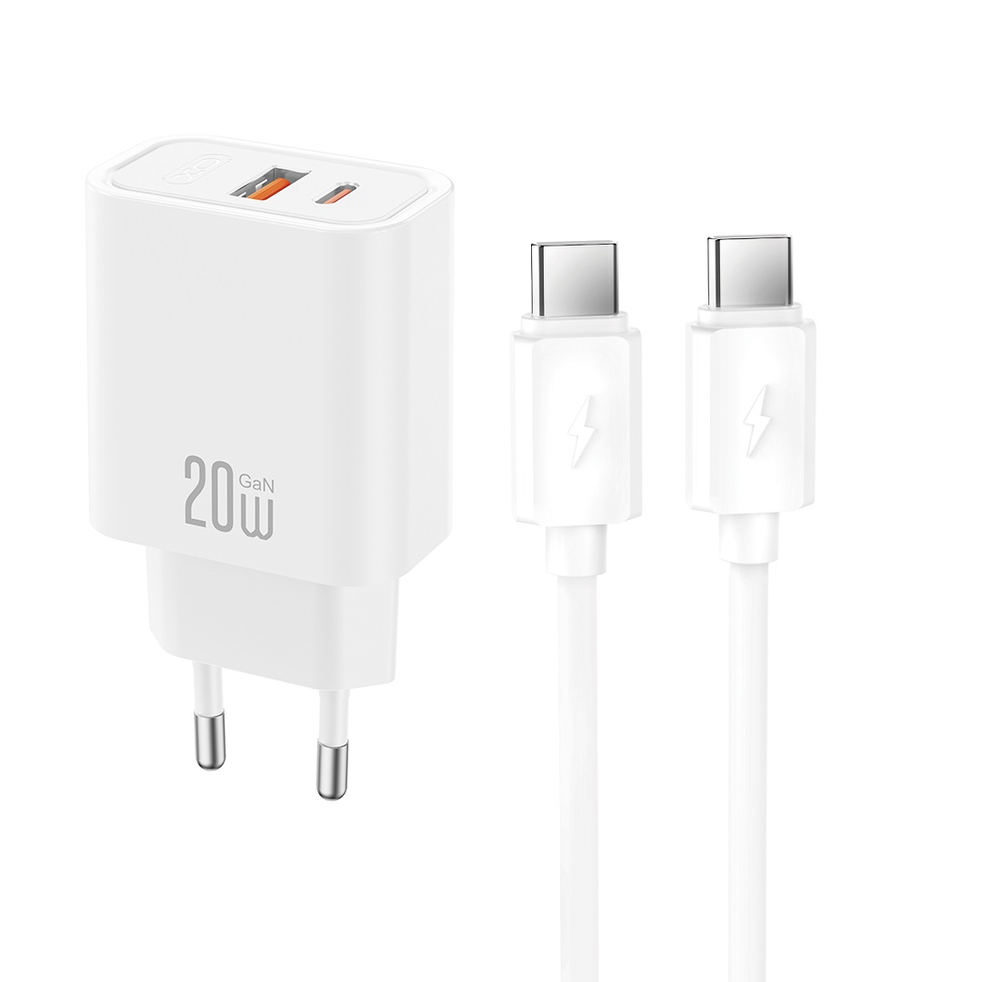 XO CE40 PD 20W seinalaadija, 1x USB-C, 1x USB, valge + USB-C–USB-C kaabel