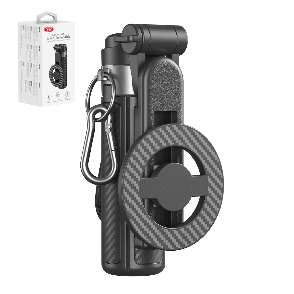 XO SS25 Bluetooth selfipulk-statiiv, must, magnetiline, MagSafe'ile, 64cm