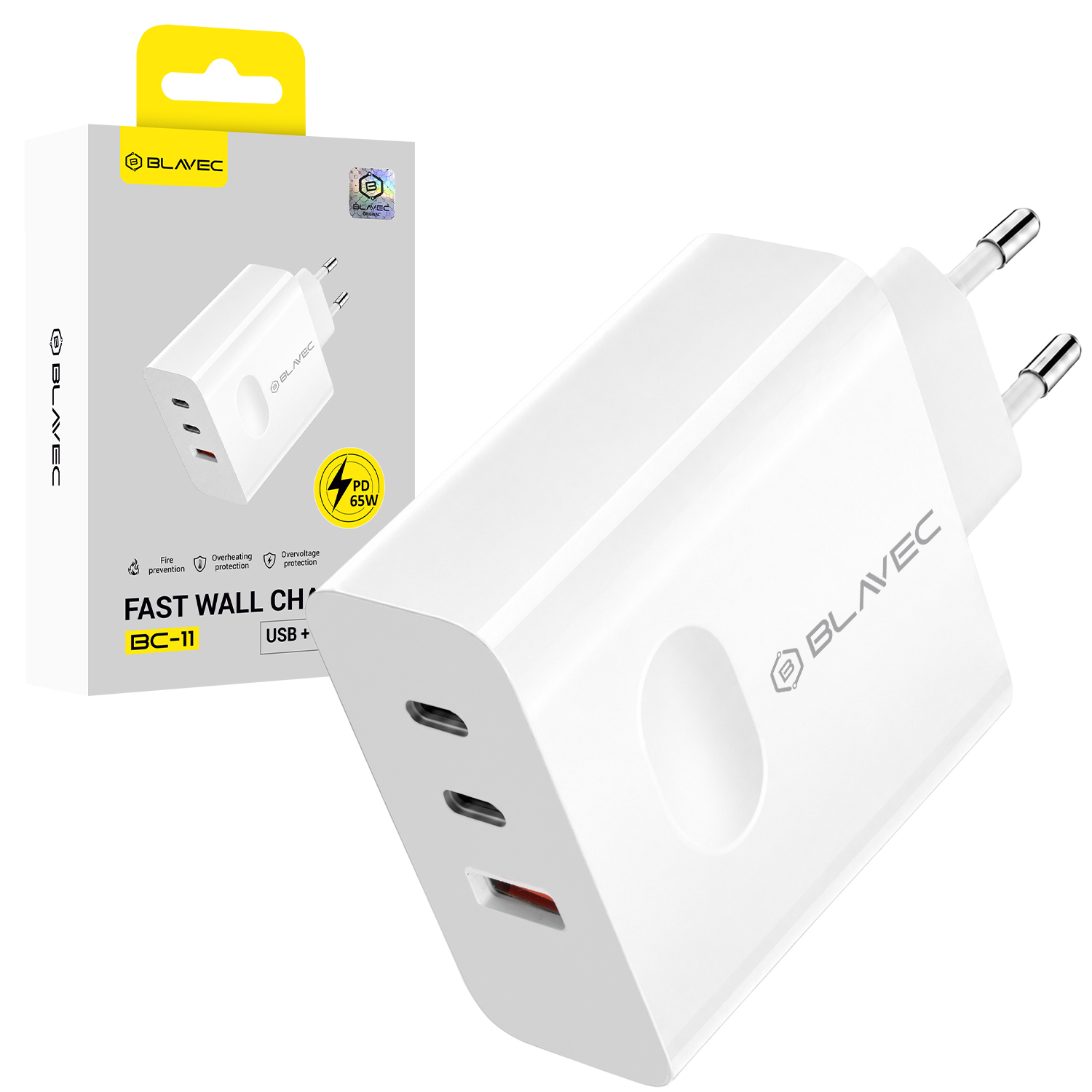 Blavec Wall charger BC-11 GaN - USB + 2xType C - QC PD 65W 3A (TCBC11G-U2CW653A) white