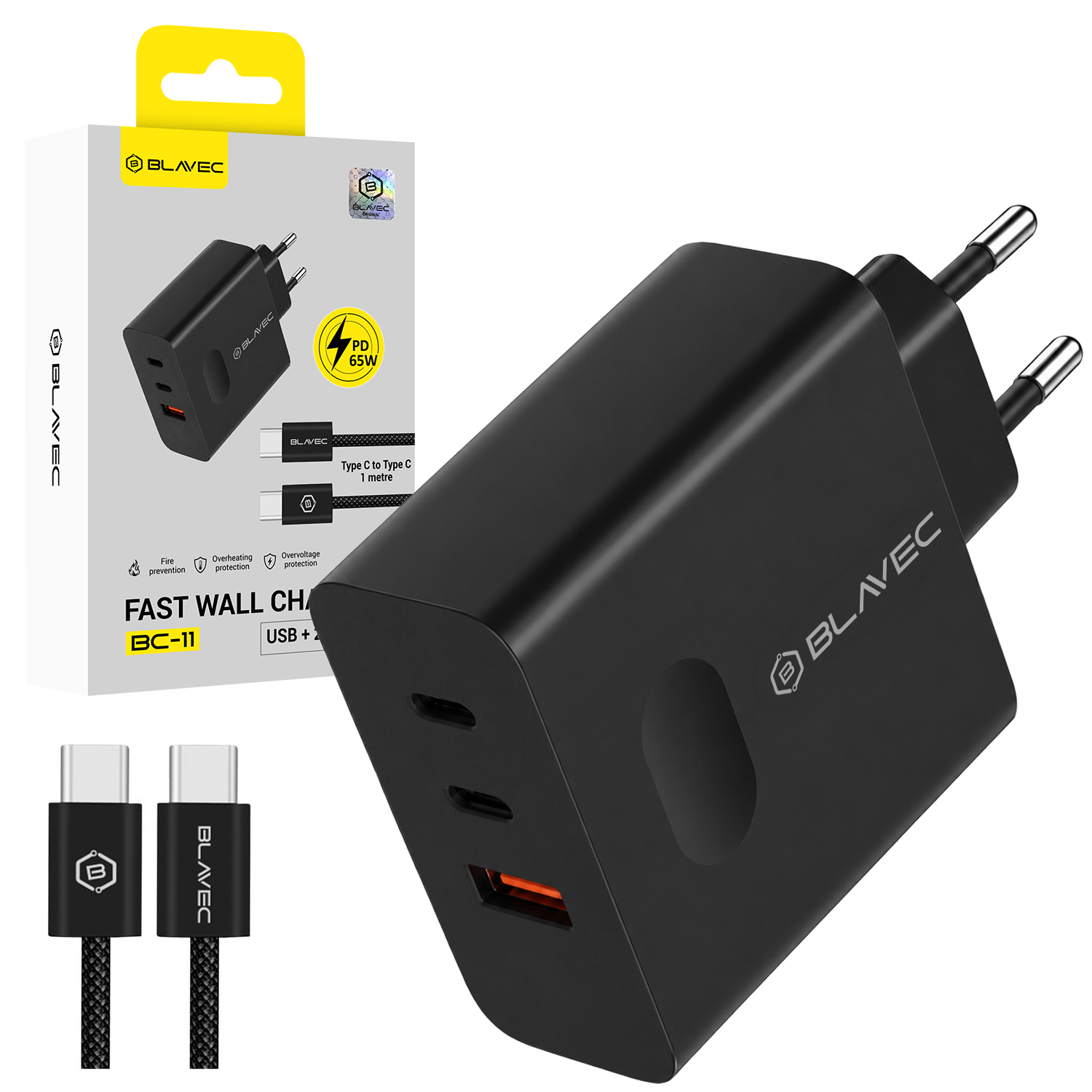 Blavec сетевое зарядное устройство BC-11 GaN - USB + 2xType C - QC PD 65W 3A с кабелем Type C на Type C (TCBC11G-U2CB653A) черное