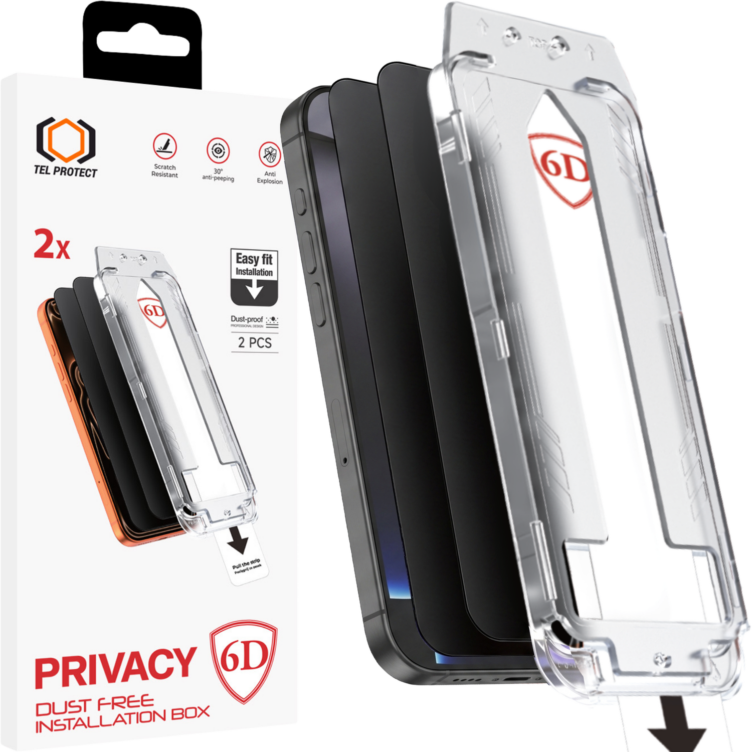 Tel Protect Dust-Free Easy Fit Privacy Full Glue 6D karastatud klaas Iphone 15 Pro must - 2 tk