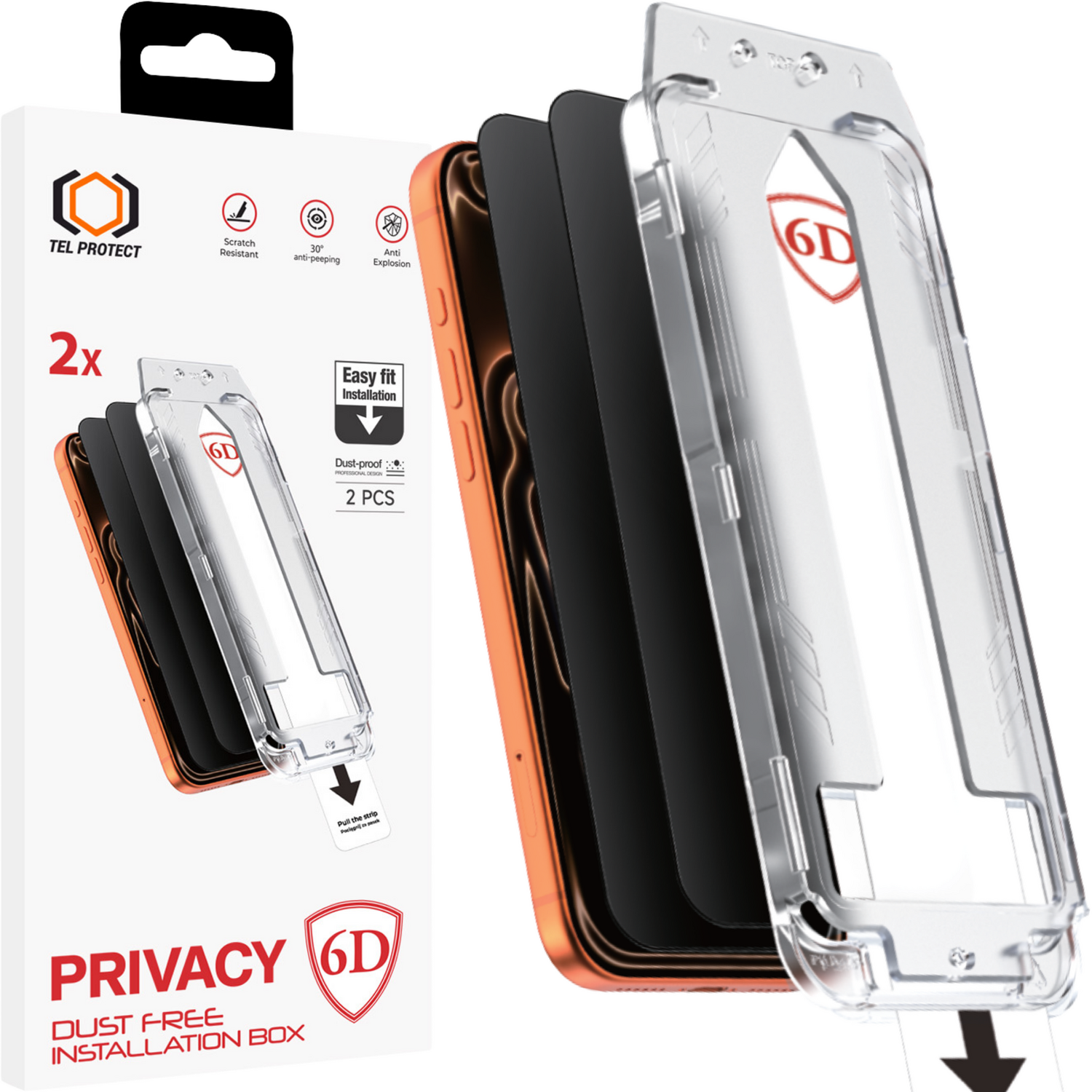 Tel Protect Dust-Free Easy Fit Privacy Full Glue 6D karastatud klaas Iphone 16 Pro Max must - 2 tk