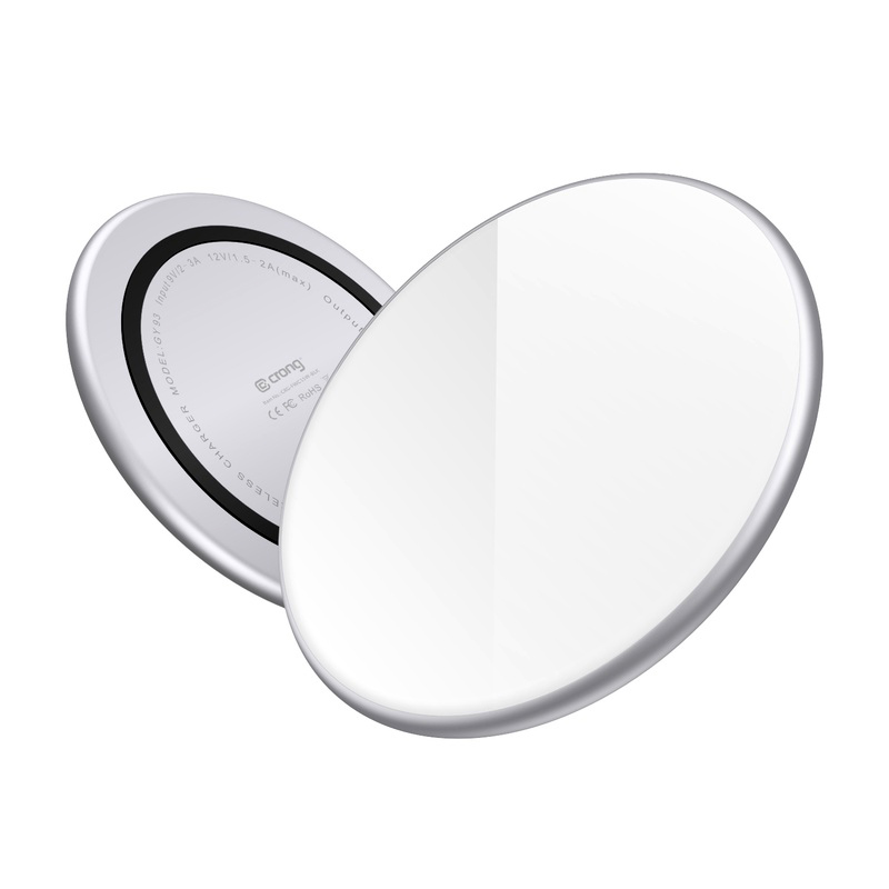 Crong PowerSpot Qi 15 W USB-C juhtmevaba laadija karastatud klaasist kattega, hõbedane ja valge