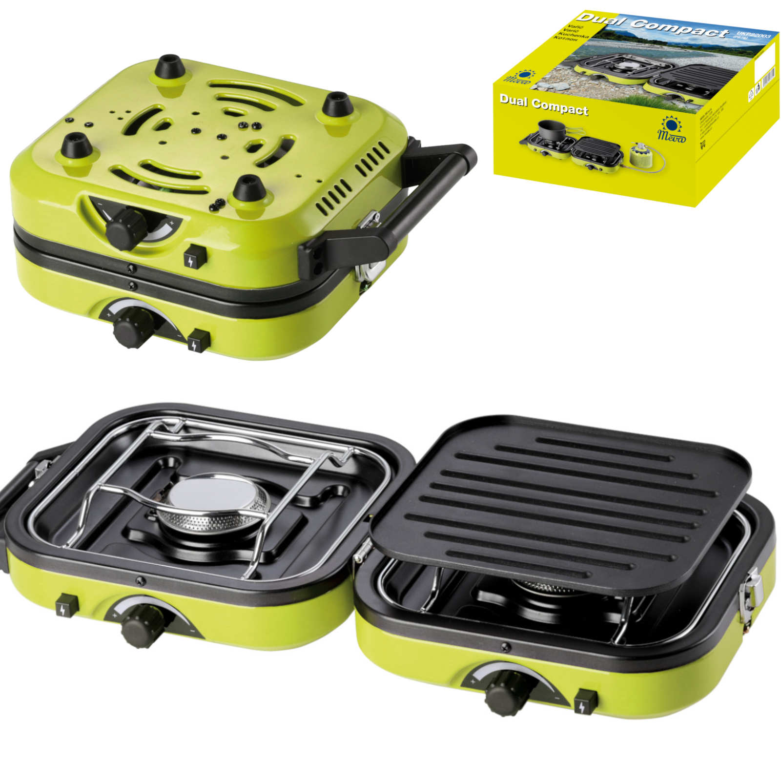 Meva DUAL COMPACT + GRILL matka-gaasipliit gaasiballoonidele, kokkupandav 2 põletiga mudel grillplaadiga
