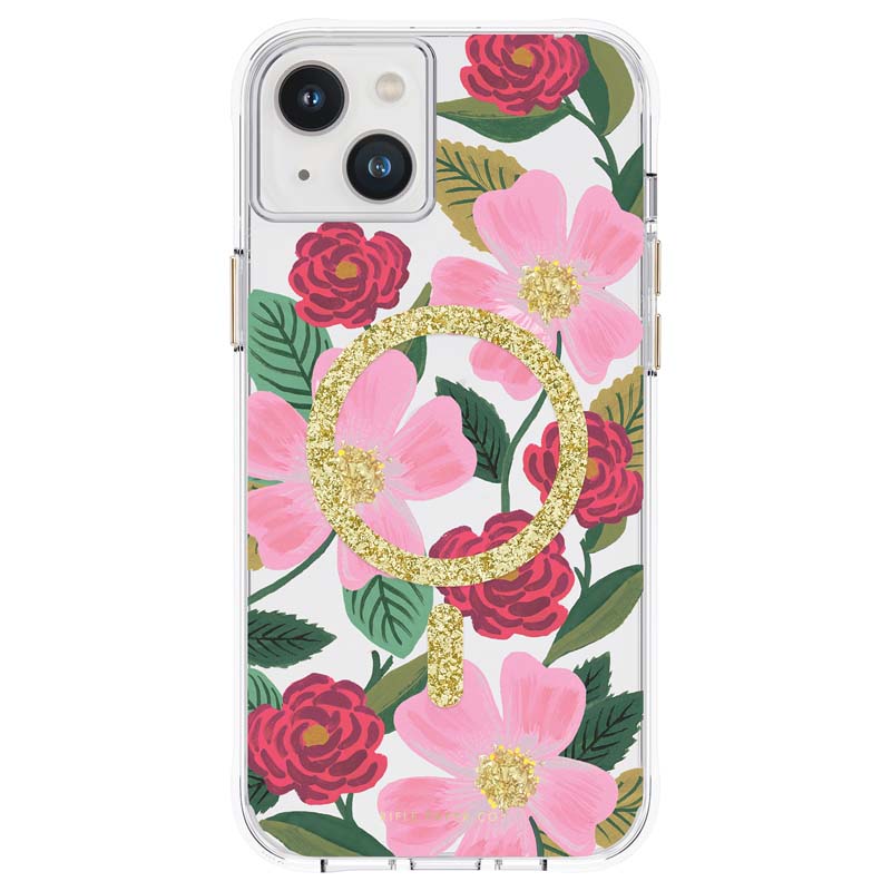 Rifle Paper Clear MagSafe ümbris seadmele iPhone 14 Plus, kuldset tooni kaunistusega, Rose Garden mustriga
