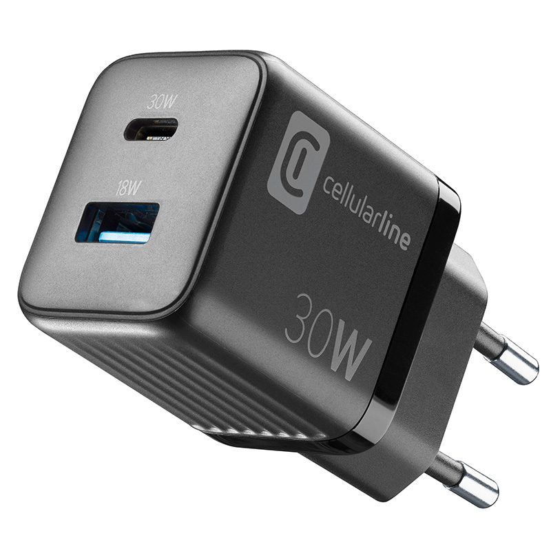 Cellularline Multipower Micro GaN USB-C ja USB-A Power Delivery võrgulaadija, 30 W, must
