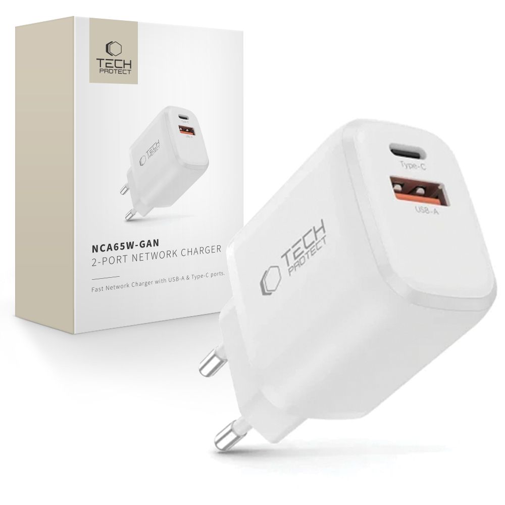 Tech-Protect NCA65W-GaN 2 pesaga 65 W PD/QC 3.0 seinatoiteadapter – valge