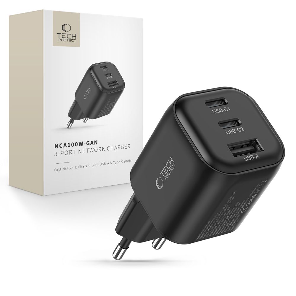 Tech-Protect NCA100W-GaN 3 pesaga 100 W PD 3.2/QC 3.0 seinatoiteadapter – must