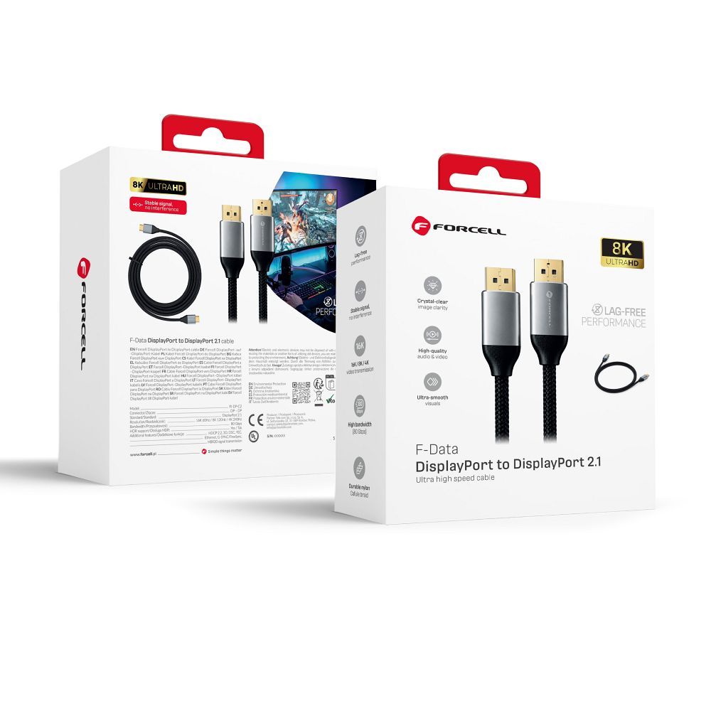 Forcell DisplayPort 2.1 kaabel, 16K/60 Hz, 8K/120 Hz, 4K/240 Hz, HDR, Ethernet, G-SYNC/FreeSync, 80 Gbit/s, 2 m – must