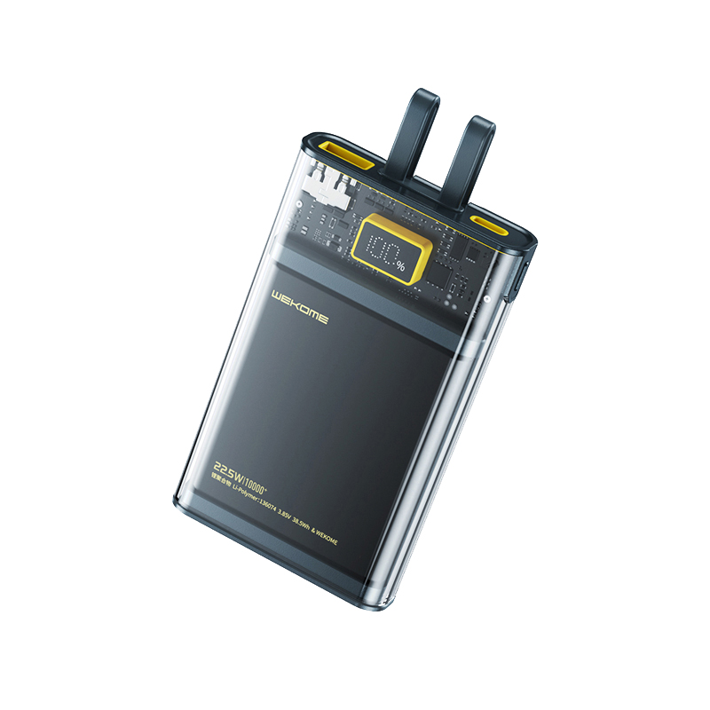 WEKOME WP-323 Vanguard Series akupank, 10000 mAh, PD 20 W + QC 22,5 W, sisseehitatud USB-C- ja Lightning-kaablitega, must ja läbipaistev