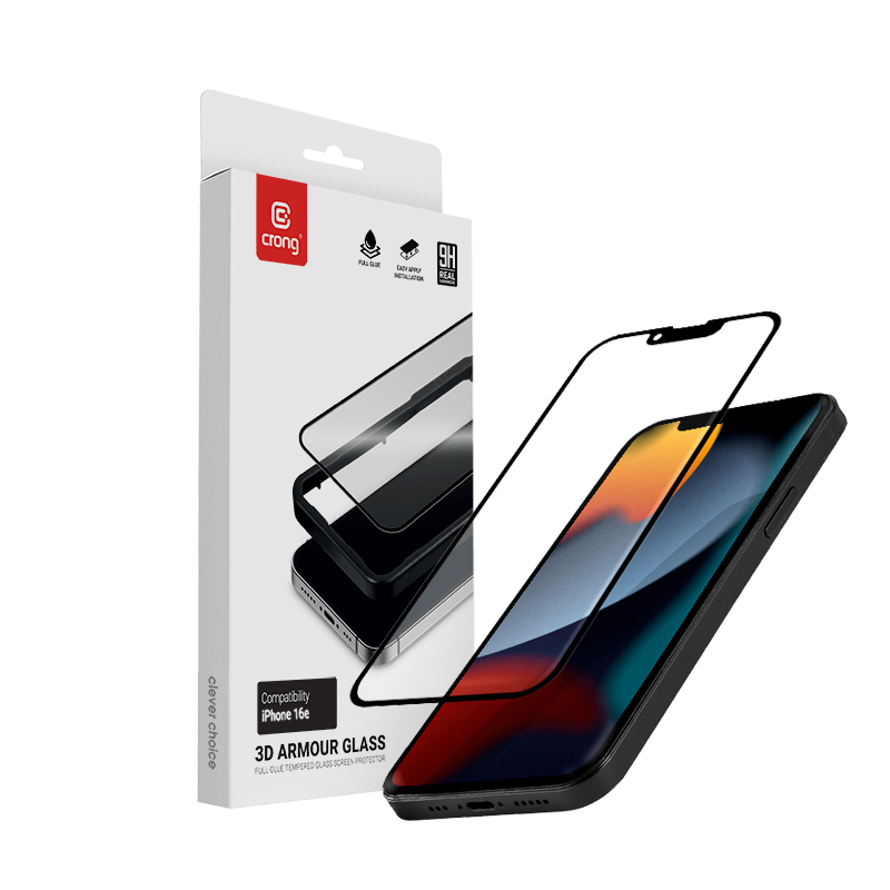Crong 3D Armor Glass karastatud ekraanikaitseklaas seadmele iPhone 17e / 16e / 14 / 13 / 13 Pro koos paigaldusraamiga