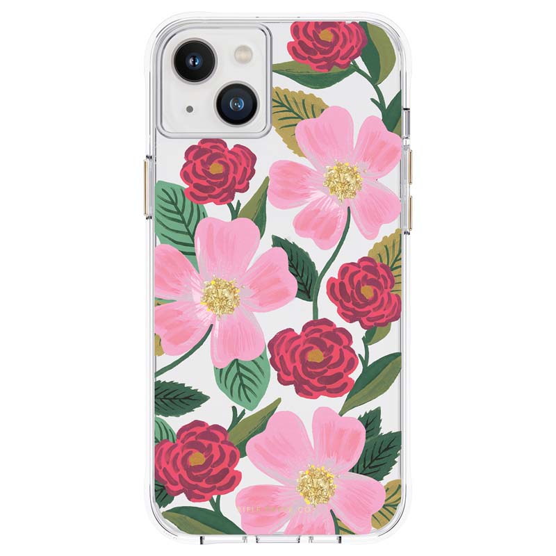 Rifle Paper Clear ümbris seadmele iPhone 14 Plus, kuldset tooni kaunistusega, Rose Garden mustriga