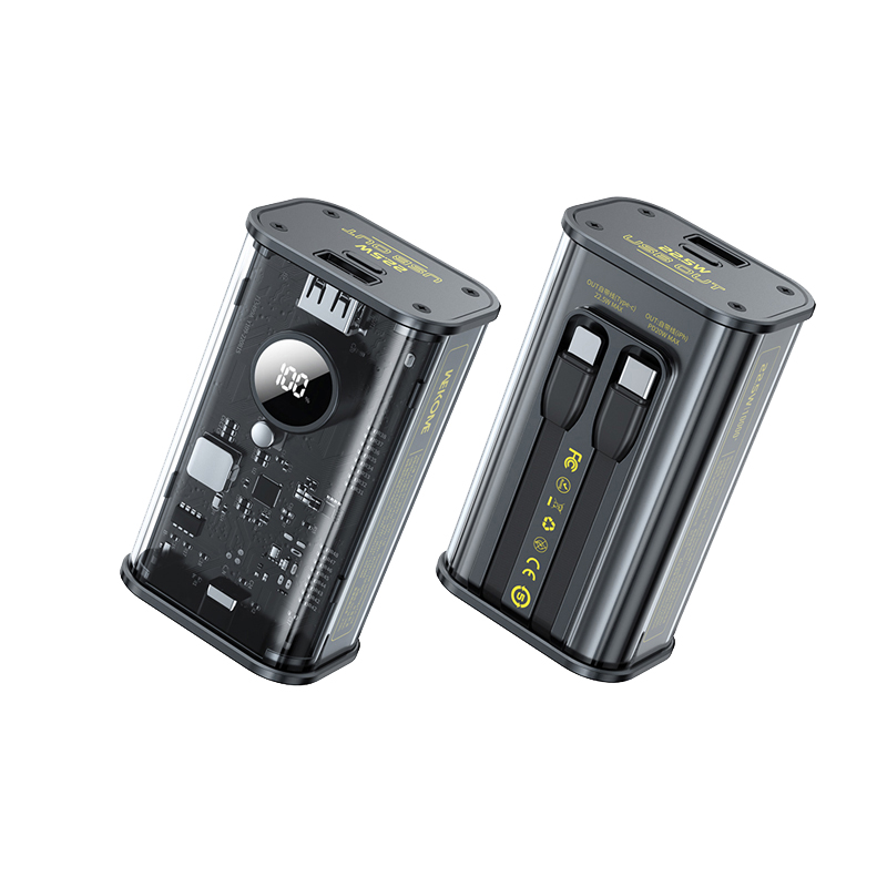 WEKOME WP-345 Vanguard Series akupank, 10000 mAh, PD 20 W + QC 22,5 W, sisseehitatud USB-C- ja Lightning-kaablitega, must