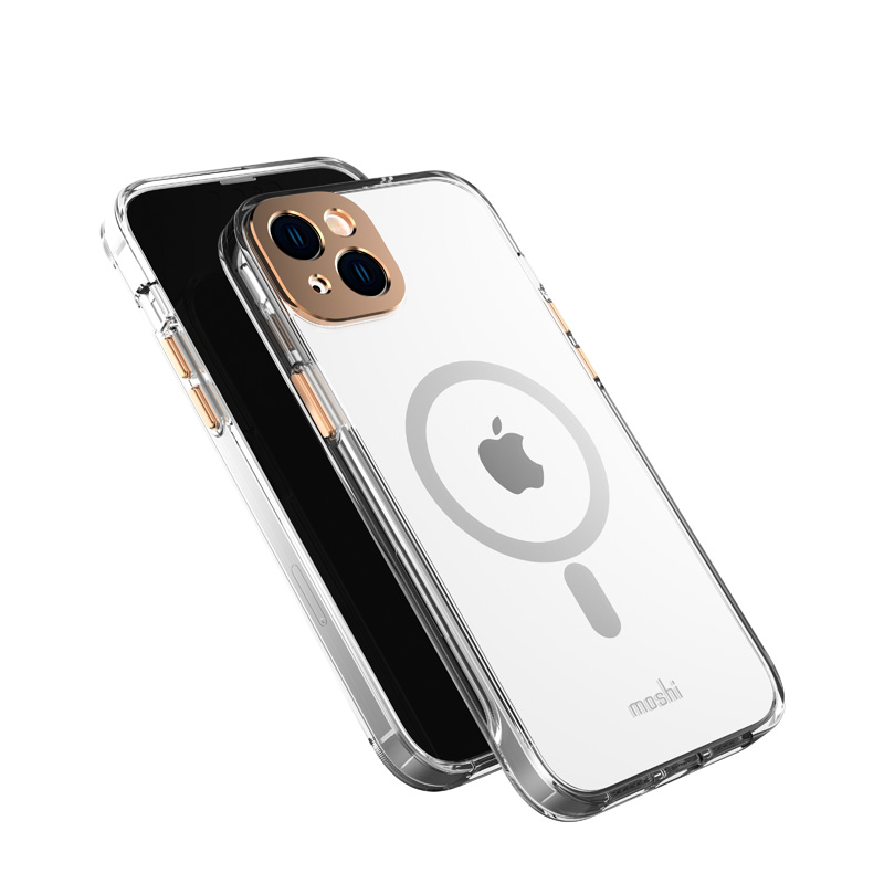 Moshi iGlaze ümbris seadmele iPhone 14 Plus, MagSafe'iga ühilduv, läbipaistev Sunset Gold detailidega