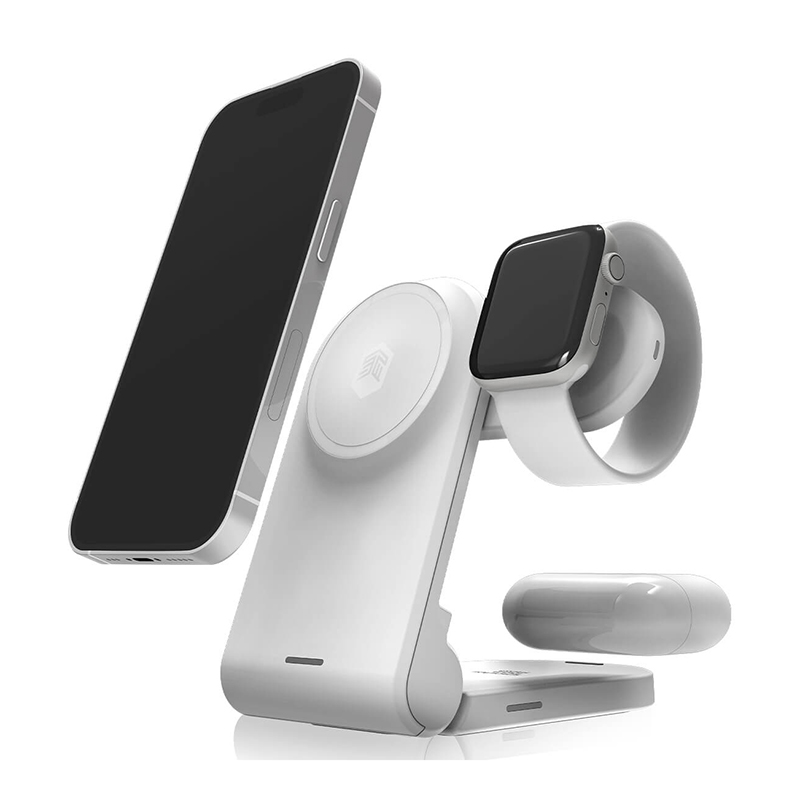 STM ChargeTree MAG kaasaskantav kolm-ühes juhtmevaba laadimisjaam iPhone'ile, Apple Watchile ja AirPodsidele, MagSafe'iga ühilduv, valge