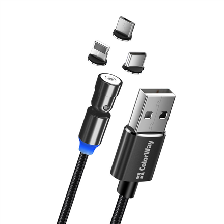 ColorWay CW-CBUU037-BK – 1 m 3-in-1 magnetkaabel 540° pööratavate Lightningi, Micro-USB ja USB-C pistikutega, 2,4 A