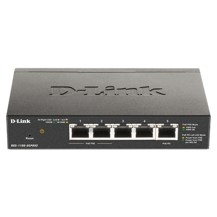 D-Link 5-pordiline Gigabit PoE nutikalt hallatav kommutaator ja PoE pikendaja DGS-1100-05PDV2, veebihaldusega, laual paiknev, toiteploki tüüp – väline