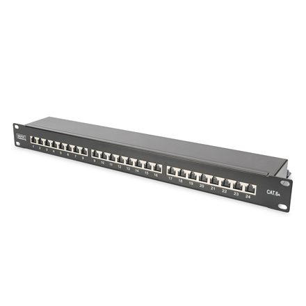 Digitus CAT 6A Patch Panel RJ45, 8P8C Suitable for 483 mm (19") cabinet mounting; Transmission properties: Category 6A, Class EA; Area of application: Up to 500 MHz, 10GBase-T; Size:482.6 x 44 x 109mm RJ45 shielding (Tinned bronze)