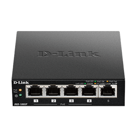 D-Link lüliti DGS-1005P, hallamatu, laua-, Gigabit Etherneti (vask) portide arv 5, Power over Ethernet (PoE) portide arv 4, toiteallika tüüp – väline