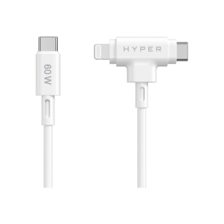 Hyper HyperJuice hübriidne USB-C–USB-C ja Lightning silikoonkaabel, 60 W