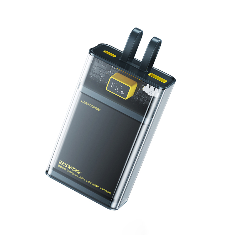 WEKOME WP-325 Vanguard Series akupank, 20000 mAh, PD 20 W + QC 22,5 W, sisseehitatud USB-C- ja Lightning-kaablitega, must ja läbipaistev