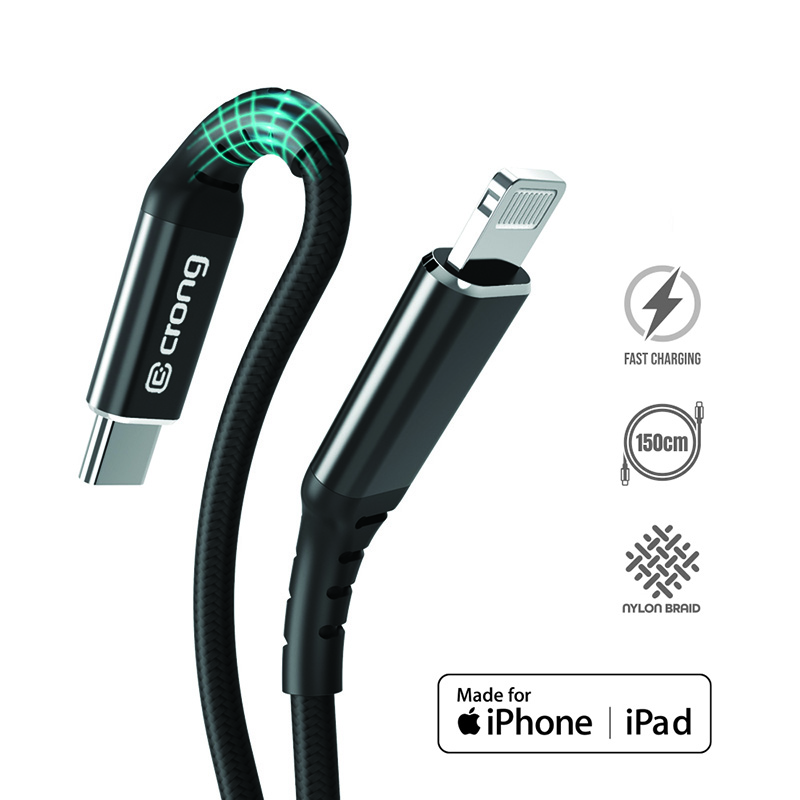 Crong Armor Link MFi USB-C–Lightning kaabel, 1.5 m, 3 A, must