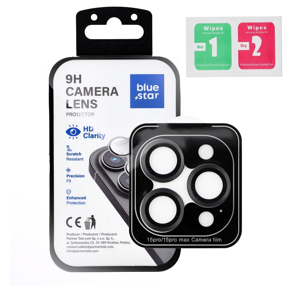 Tempered Glass Camera Lens Protector for iPhone 15 PRO / 15 PRO MAX Blue Star Easy Install black