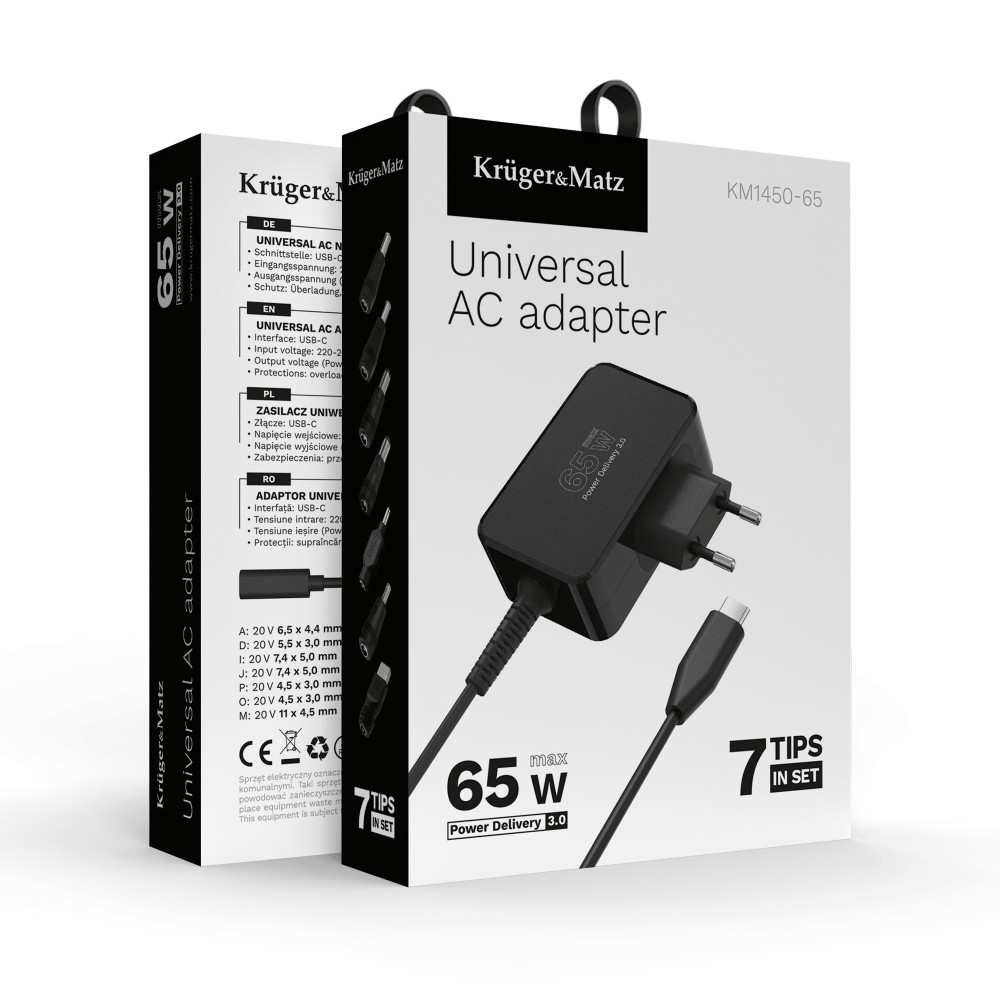 Kruger&Matz universaalne sülearvutilaadija, 65 W, must