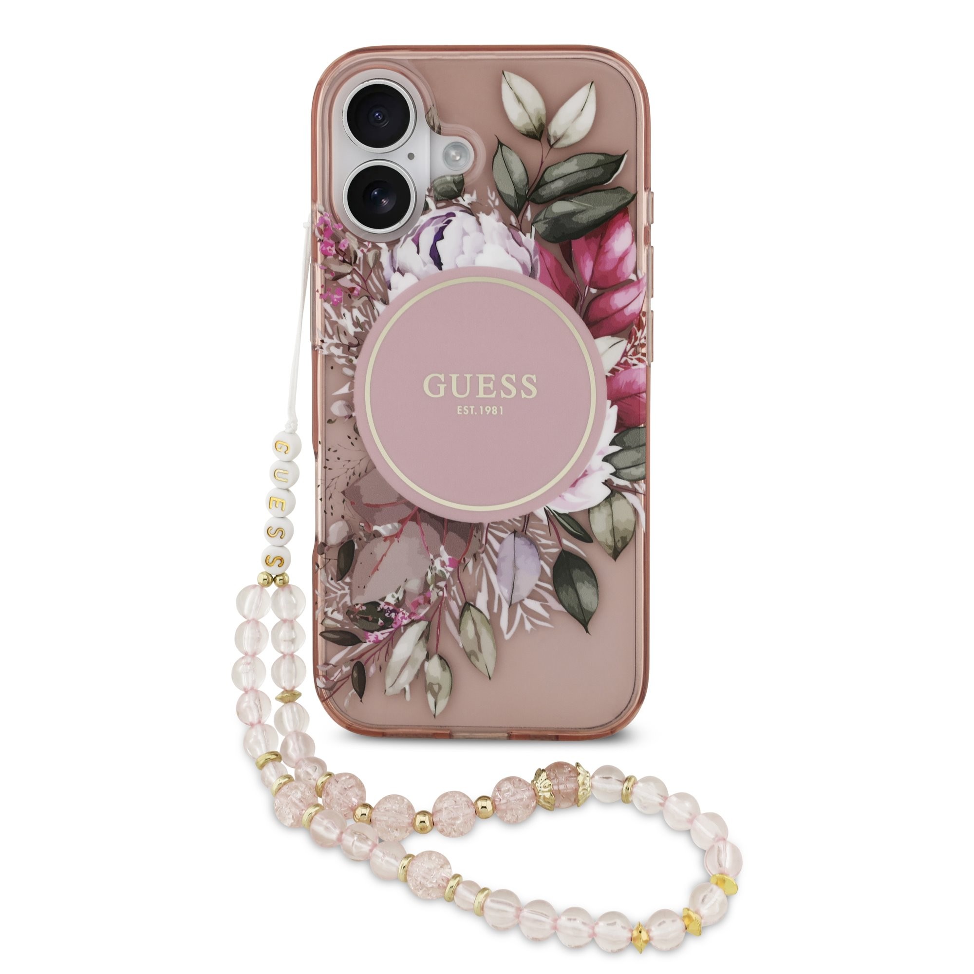 Чехол Guess IML Flowers Strap MagSafe для Apple iPhone 17, розовый