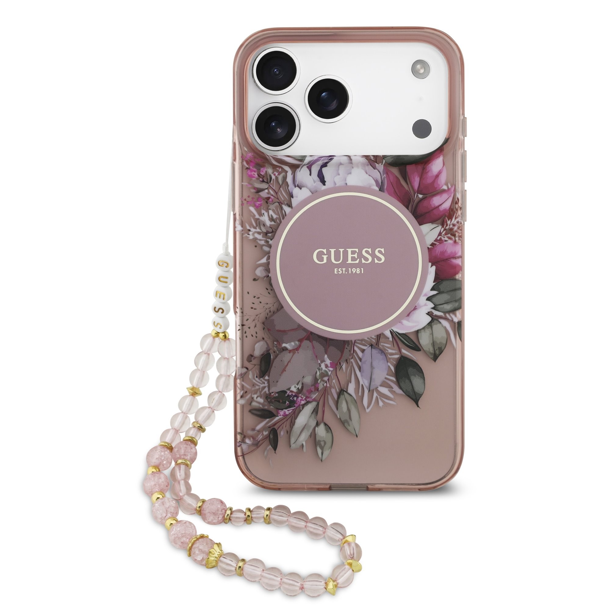 Guess IML Flowers Pearl Strap MagSafe ümbris jaoks iPhone 17 Pro Max roosa