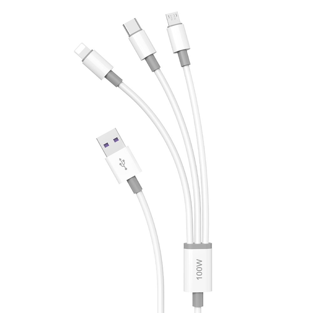 Dudao L8s-3in1 USB-A–USB-C / Micro-USB / Lightning kaabel, 100 W, 1,2 m, valge