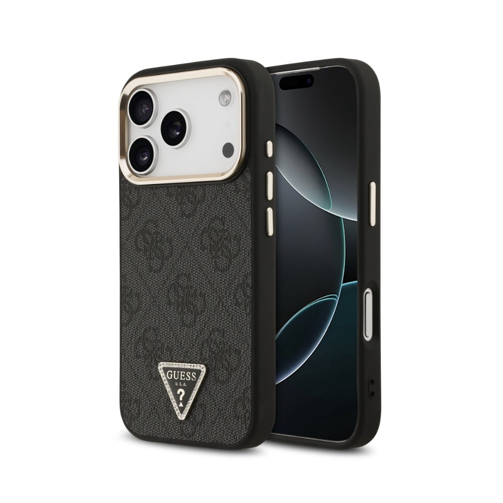 Case Guess PU Leather 4G Strass Triangle Logo Gold Frame MagSafe Apple iPhone 18 Pro black