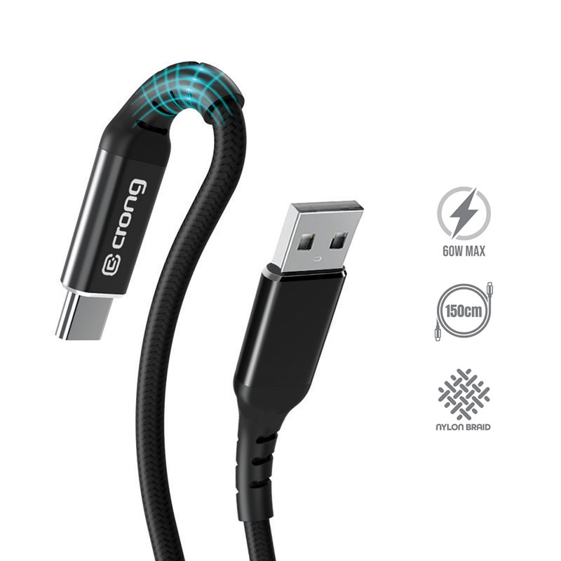 Crong Armor Link USB-A–USB-C kaabel, 1.5 m, 60 W / 3 A, must
