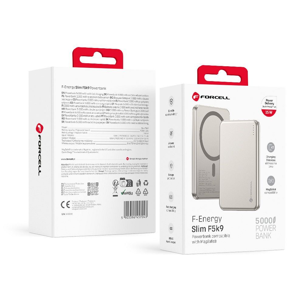 Forcell F-Energy Slim F5K9 akupank, MagSafe'iga ühilduv, 5000 mAh, 15 W, QC 4.0, PD 3.0, Cloud Dancer