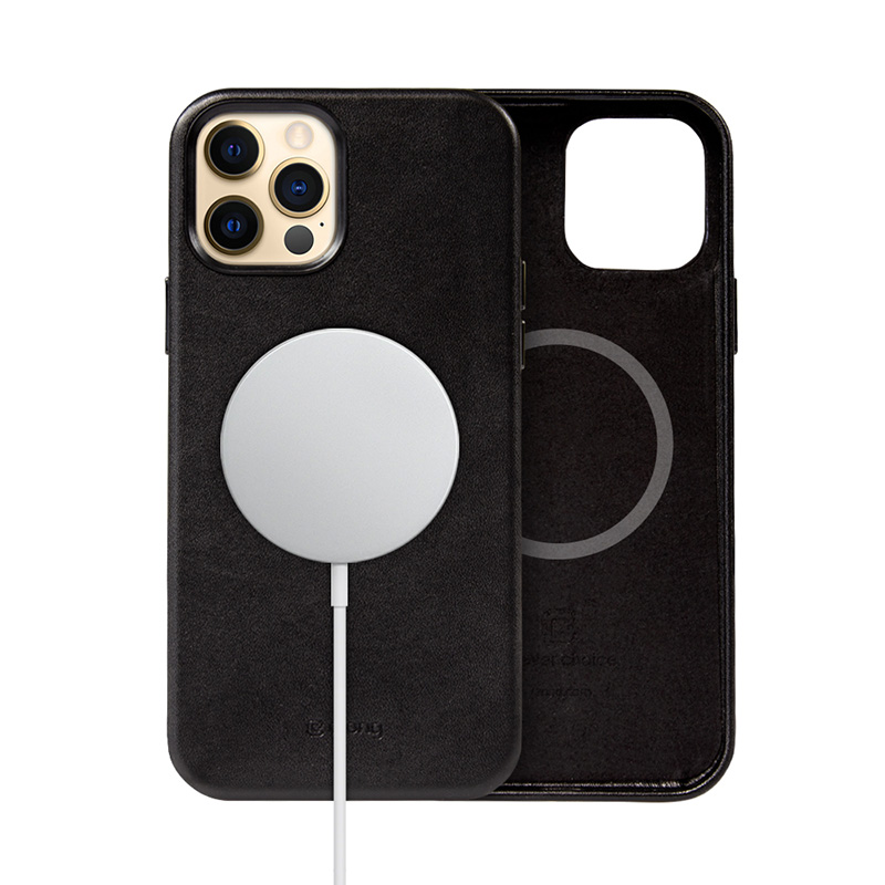 Crong Essential Cover Magnetic kunstnahast ümbris seadmele iPhone 12 Pro Max, MagSafe'iga, must