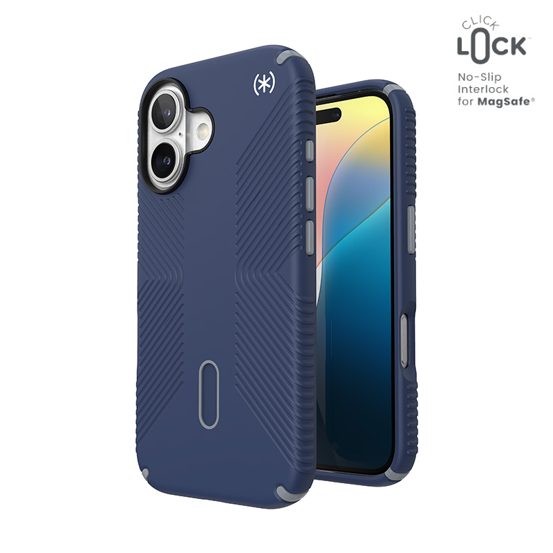Speck Presidio2 Grip MagSafe'i ja ClickLocki toega ümbris iPhone 16-le, Coastal Blue/Dust Grey