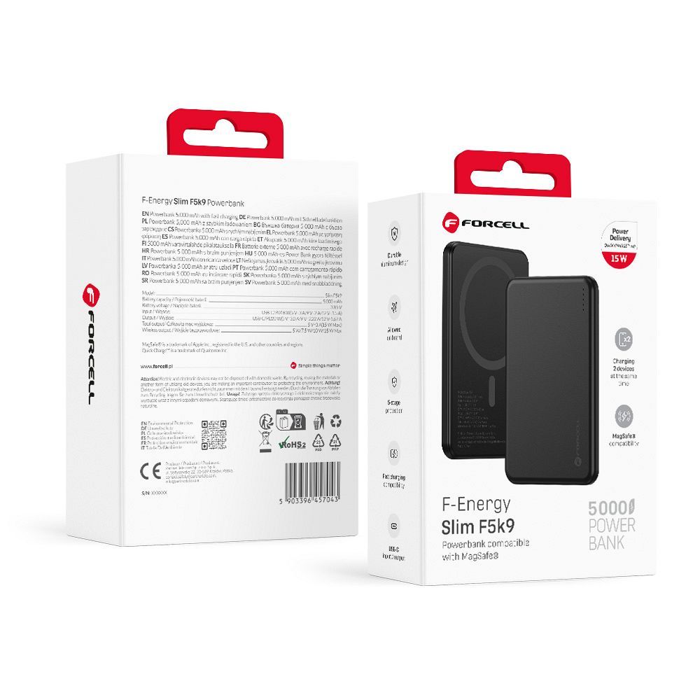 Forcell F-Energy Slim F5K9 akupank, MagSafe'iga ühilduv, 5000 mAh, 15 W, QC 4.0, PD 3.0, must