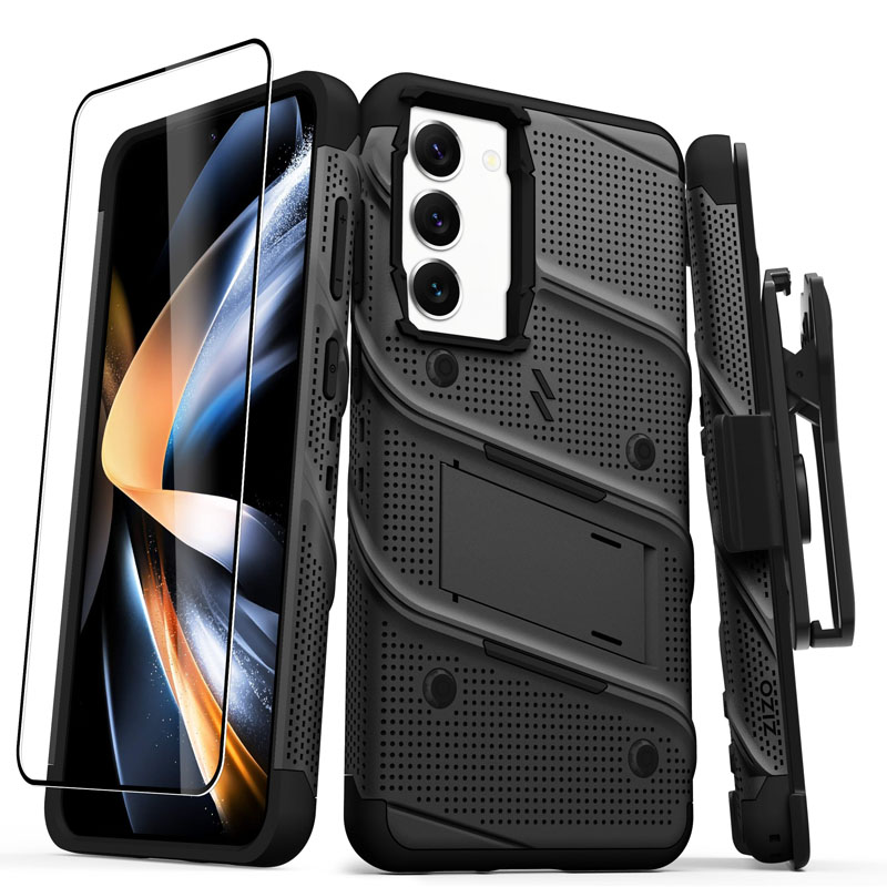 ZIZO BOLT Series tugevdatud ümbrise komplekt Samsung Galaxy S23+ jaoks, 9H ekraanikaitse, sisseehitatud tugijala ja vööklambriga hoidikuga, must