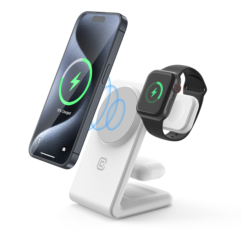 Crong MagSpot Pivot Stand kolm-ühes juhtmevaba laadija iPhone'ile, Apple Watchile ja AirPodsidele, MagSafe'iga ühilduv, valge