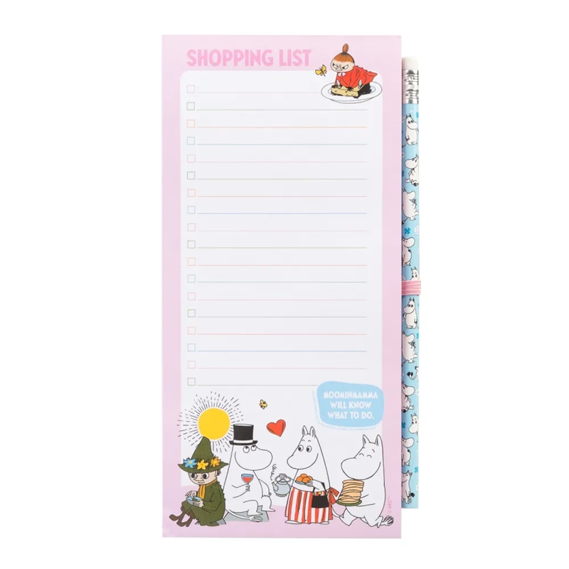 Moomins magnetiline külmkapile kinnitatav ostunimekirjaplokk pliiatsiga, 10 × 21 cm