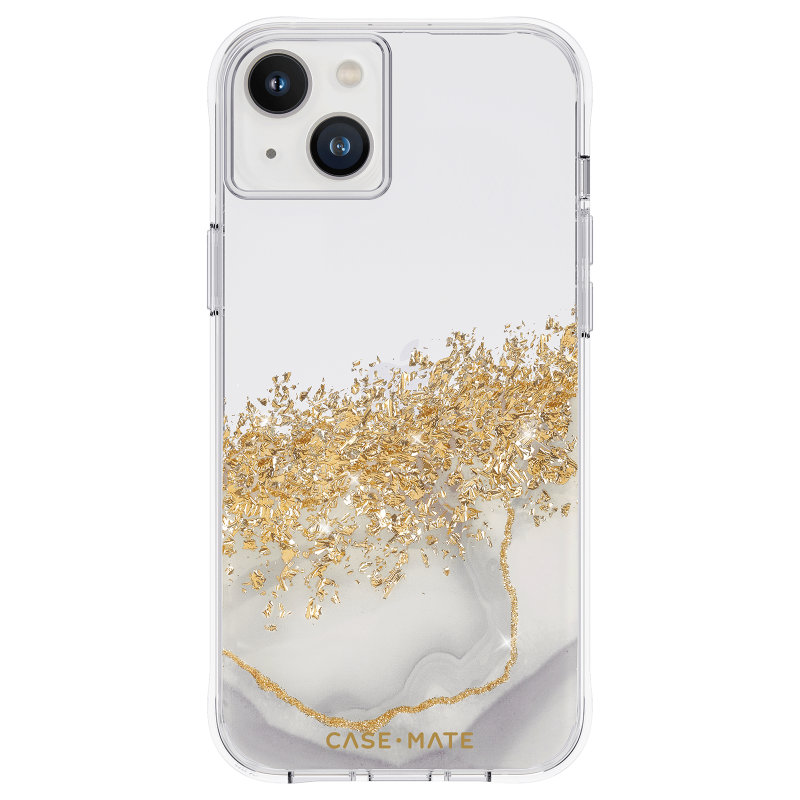 Case-Mate Karat Marble valge marmormustriga ümbris kuldfooliumdetailidega iPhone 14 Plusile